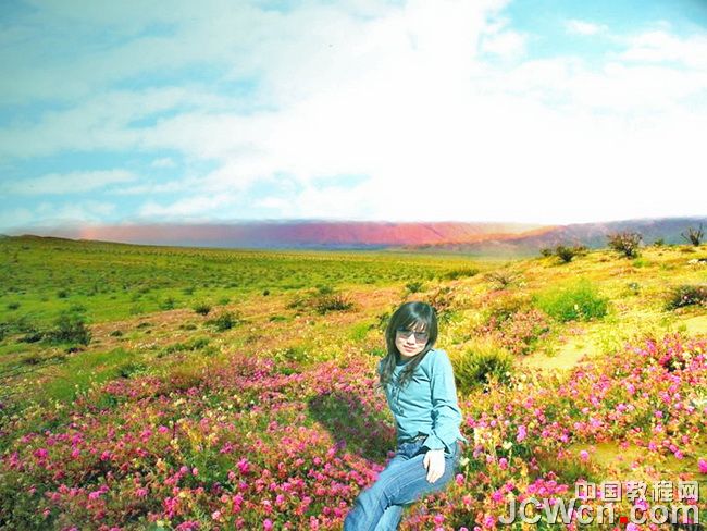 photoshop 坐在绚丽野花中的女孩合成方法