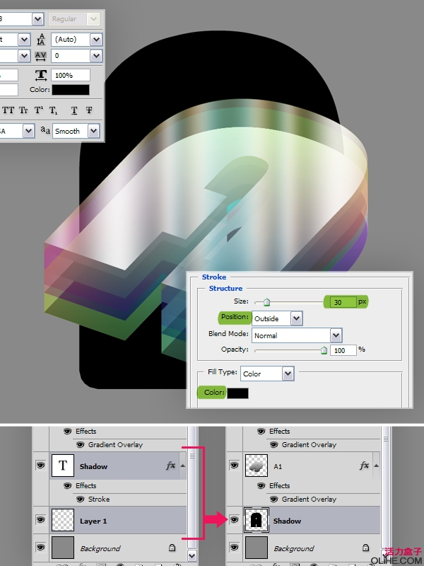 Photoshop 立体效果的漂亮的彩色水晶字