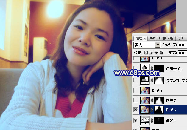 Photoshop 室内手机照片柔美的淡蓝色