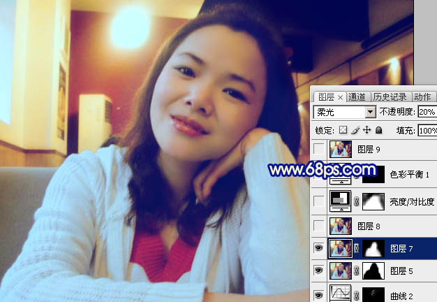 Photoshop 室内手机照片柔美的淡蓝色