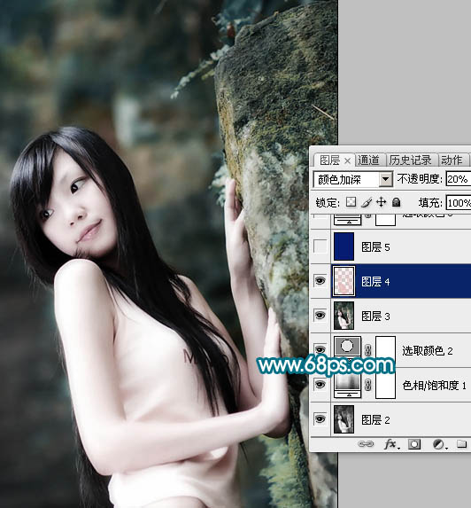 Photoshop调色教程 外景人物照片青绿色调成暗灰青色调