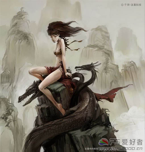 PS 水墨风格的美女龙骑士