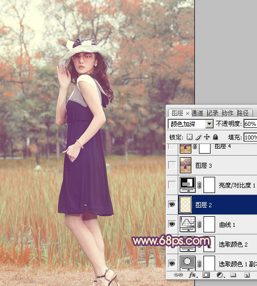 Photoshop将绿色调成橙紫色外景人物照片