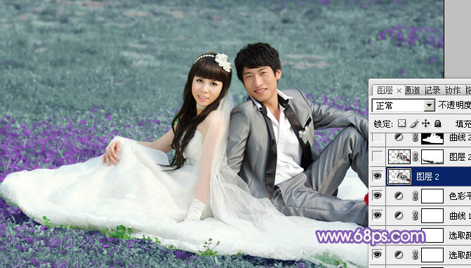 Photoshop将青绿的外景婚片调成柔美的淡紫色