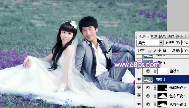 Photoshop将青绿的外景婚片调成柔美的淡紫色