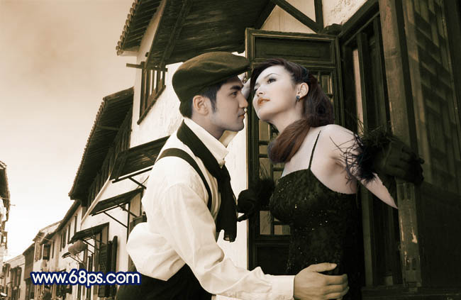 Photoshop调出外景婚片古典淡黄色