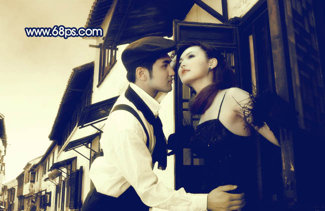 Photoshop调出外景婚片古典淡黄色