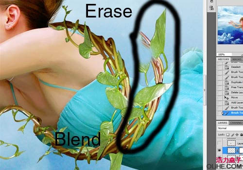 PS创意合成缠着藤蔓飞行的美女