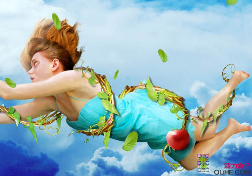 PS创意合成缠着藤蔓飞行的美女
