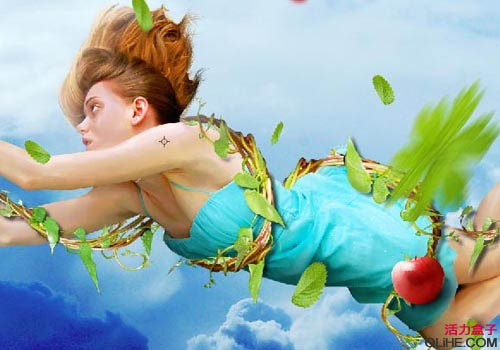 PS创意合成缠着藤蔓飞行的美女