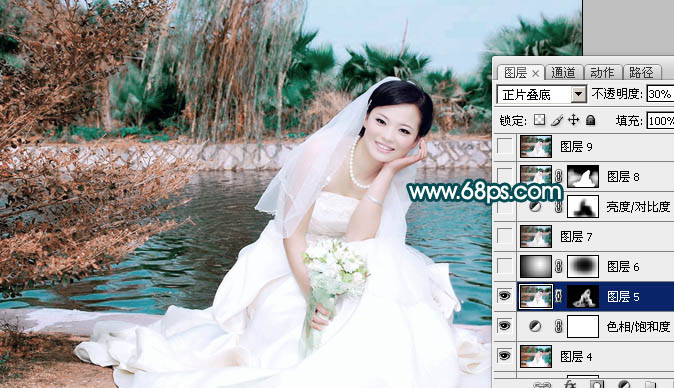 Photoshop打造中性青红色外景婚片