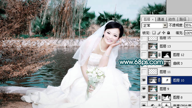 Photoshop打造中性青红色外景婚片