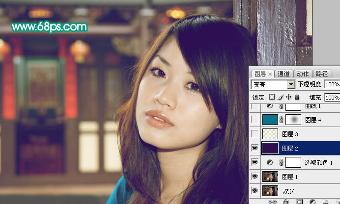 Photoshop将室内人物图片调成古典青黄色