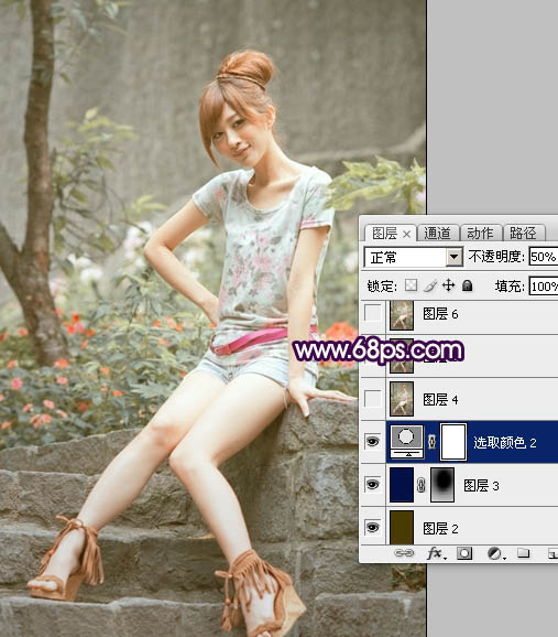 Photoshop调出外景女孩照片柔和的古典黄绿色