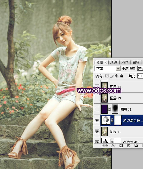 Photoshop调出外景女孩照片柔和的古典黄绿色