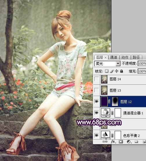 Photoshop调出外景女孩照片柔和的古典黄绿色