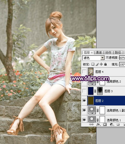 Photoshop调出外景美女照片柔和的古典黄绿色