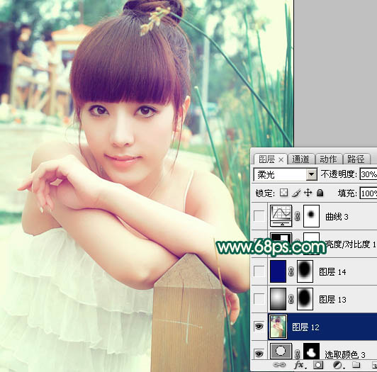 Photoshop将美女图片调出柔美的粉青色