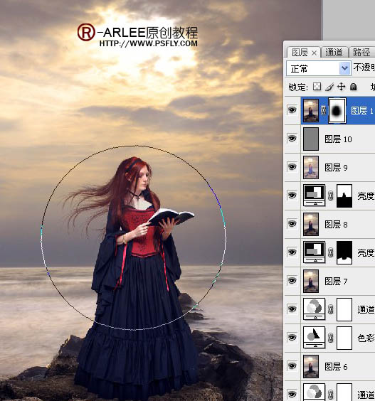 photoshop完美合成暮色中在海边阅读的圣女