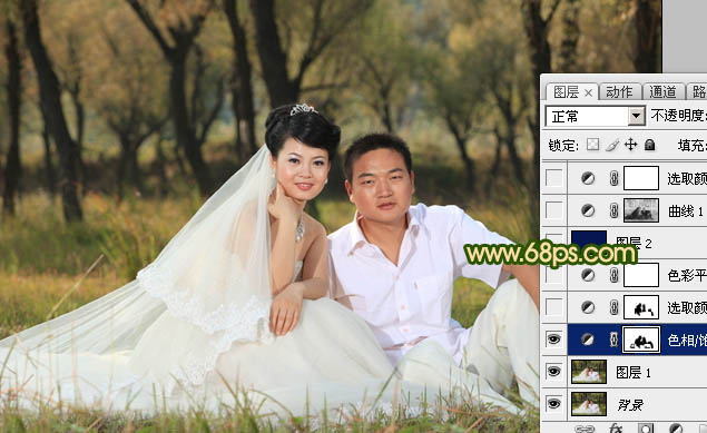 Photoshop将森林婚片调成温馨的暖色调