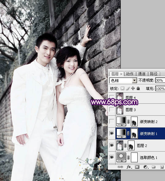 Photoshop制作古典暗调蓝紫色外景婚片