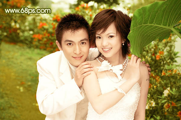 Photoshop将外景婚片调成柔美典雅的黄绿色