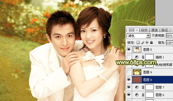 Photoshop将外景婚片调成柔美典雅的黄绿色