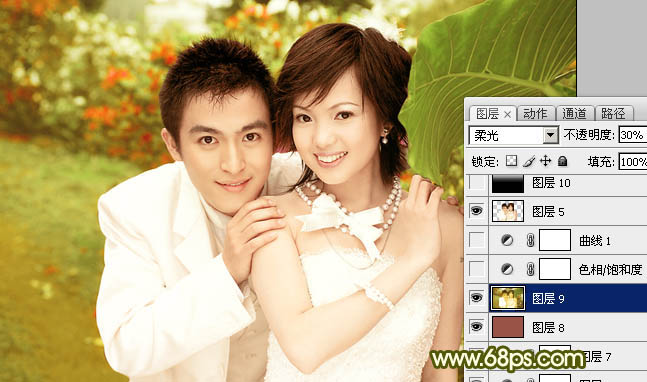 Photoshop将外景婚片调成柔美典雅的黄绿色