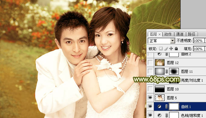 Photoshop将外景婚片调成柔美典雅的黄绿色