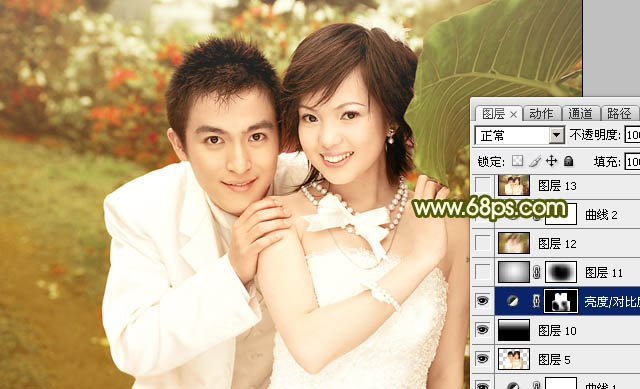 Photoshop将外景婚片调成柔美典雅的黄绿色