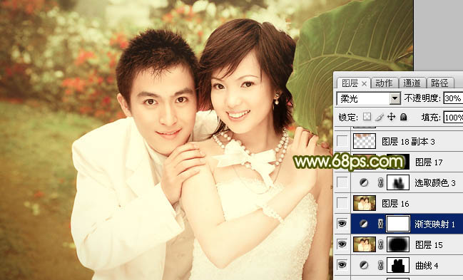 Photoshop将外景婚片调成柔美典雅的黄绿色