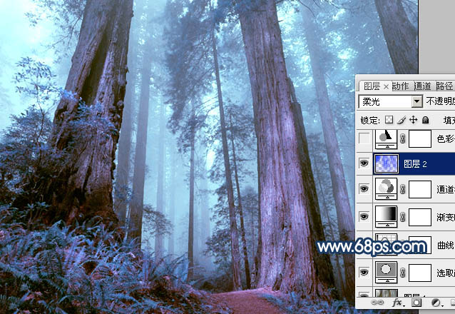 Photoshop制作暗调蓝紫色的森林图片