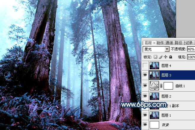 Photoshop制作暗调蓝紫色的森林图片