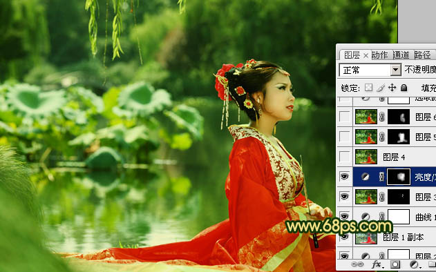 Photoshop下将外景人物图片调成古典暗绿色