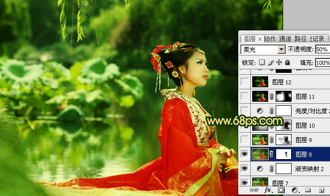 Photoshop下将外景人物图片调成古典暗绿色