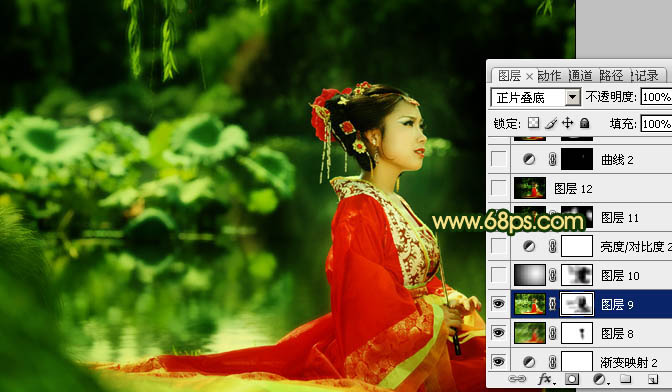 Photoshop下将外景人物图片调成古典暗绿色