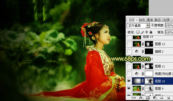 Photoshop下将外景人物图片调成古典暗绿色