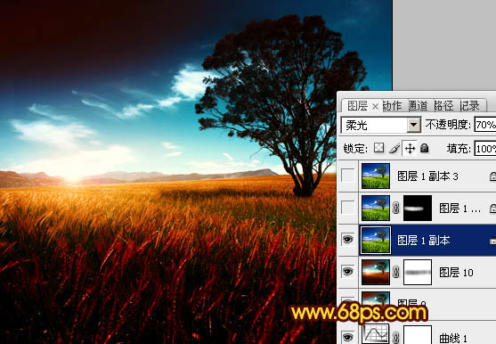 Photoshop将风景图片调成暗红的黄昏色