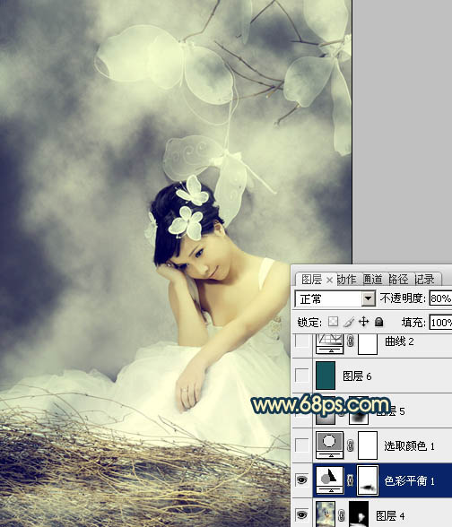 Photoshop打造古典暗青色室内人物图片