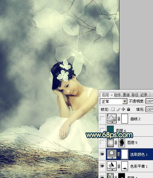 Photoshop打造古典暗青色室内人物图片