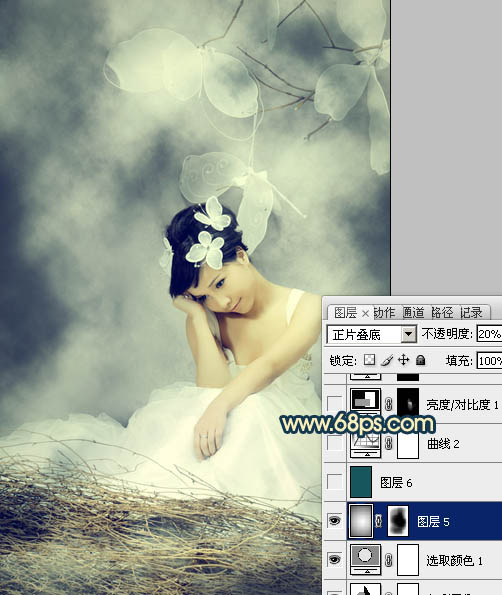 Photoshop打造古典暗青色室内人物图片