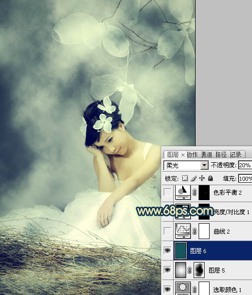 Photoshop打造古典暗青色室内人物图片