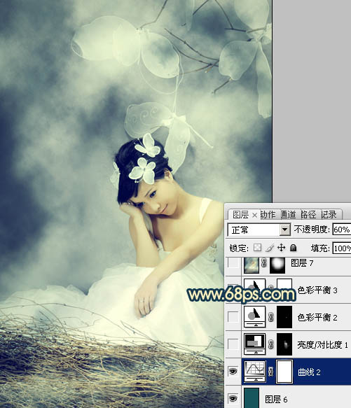 Photoshop打造古典暗青色室内人物图片