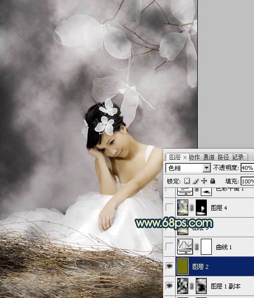 Photoshop打造古典暗青色室内人物图片