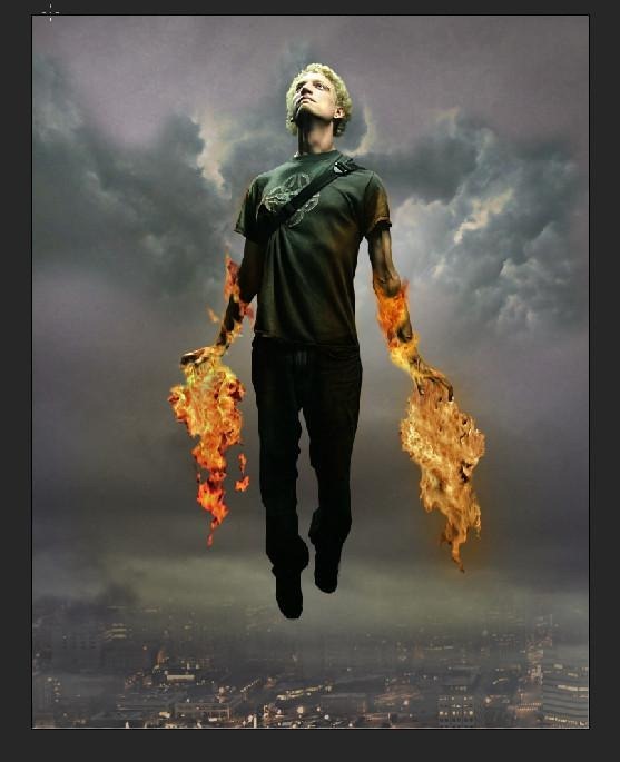 photoshop经典合成自喷火焰飞行的超人