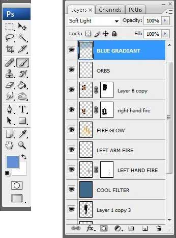 photoshop经典合成自喷火焰飞行的超人