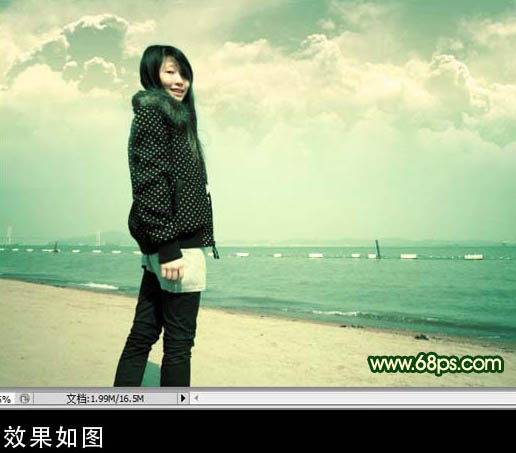 Photoshop将海景人物图片调成柔美的淡绿色