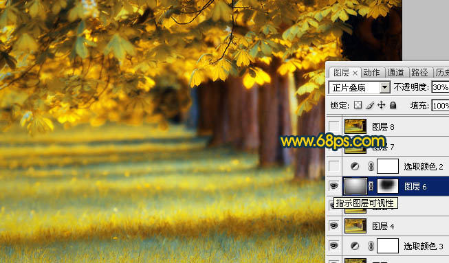 Photoshop将绿荫树林图片调成灿烂的金色调