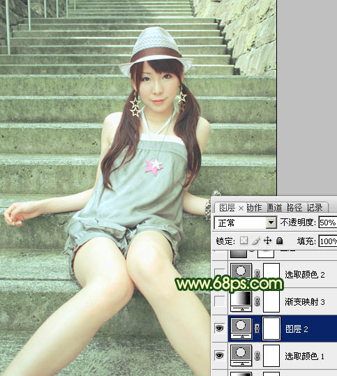 Photoshop将外景人物图片调成甜美的暗绿色