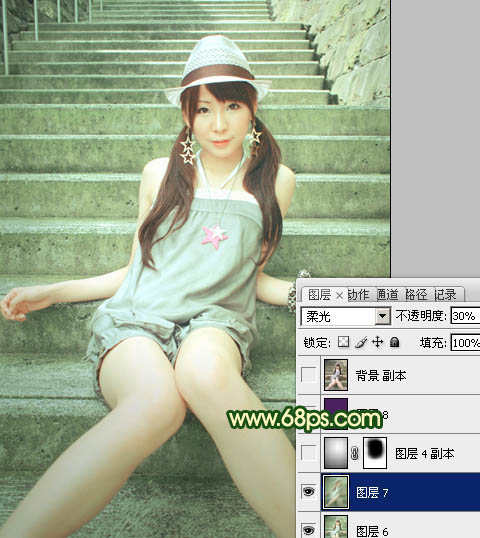 Photoshop将外景人物图片调成甜美的暗绿色